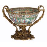 A Chinese gilt bronze mounted famille rose Canton bowl, decorated with antiquities and the
