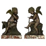 Louette A., a pair of patinated bronze angels on a rouge royale marble base, 28,5 - 29,5 cm