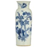 A Chinese blue and white rouleau vase, decorated with a crane couple and a deer couple in a garden