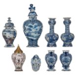 A lot of various blue and white Delft tableware, consisting of a covered jar (marked 'De Bijl'), two