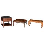 A Chinese exotic hardwood tea table; added a ditto square table and a side table, H 38 - W 92 - D 43