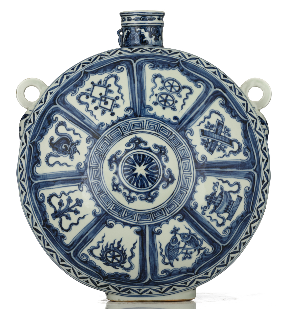 A Chinese moonflask, blue and white decorated with the eight Buddhist symbols, H 36,5 cm - Image 3 of 6