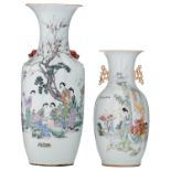 A Chinese polychrome vase, decorated with butterflies and ladies in a garden, Republic; added a