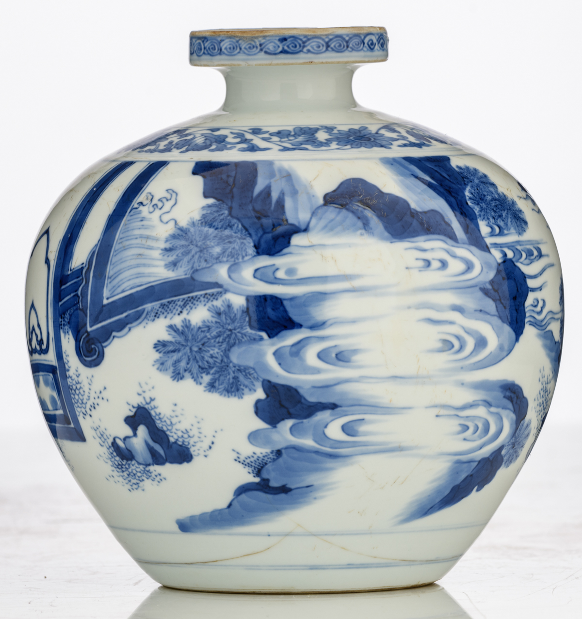 A Chinese blue and white bottle vase, decorated with six Daoist figures in a landscape, H 18 cm - Image 3 of 6