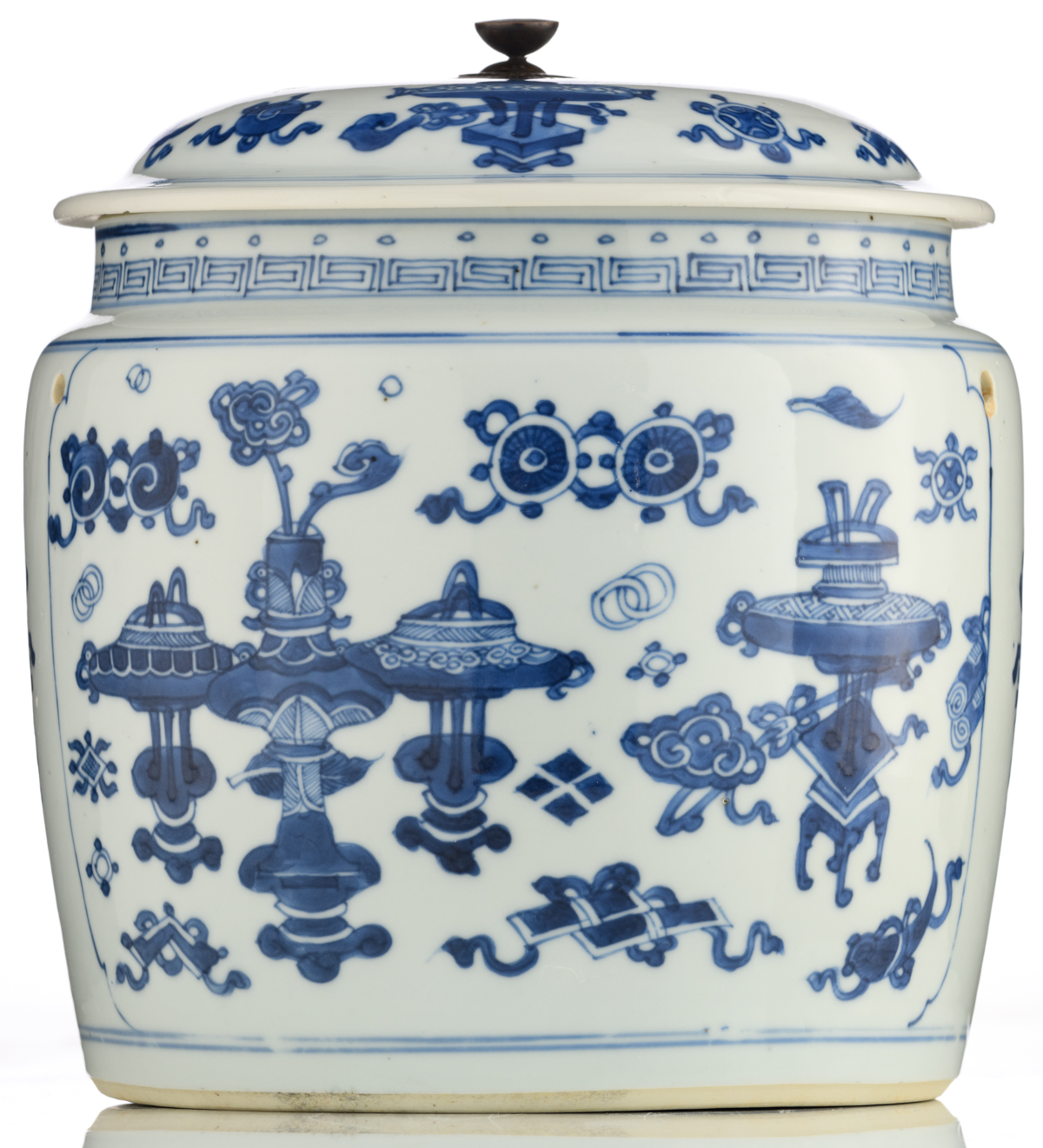 A Chinese blue and white porcelain food warmer, decorated with Shou signs, the roundels with the ' - Image 2 of 9