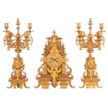 A three-piece gilt bronze Renaissance Revival pendule, the dial marked 'Facq Durdan à Lille', H 49 -