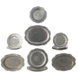 A large lot of oval pewter dishes, marked Bruges 'FD' (Frans D'hollander); added three round