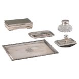 A silver three part Neoclassical writing set, monogrammed ME, Wolfers; added a silver mounted VSL