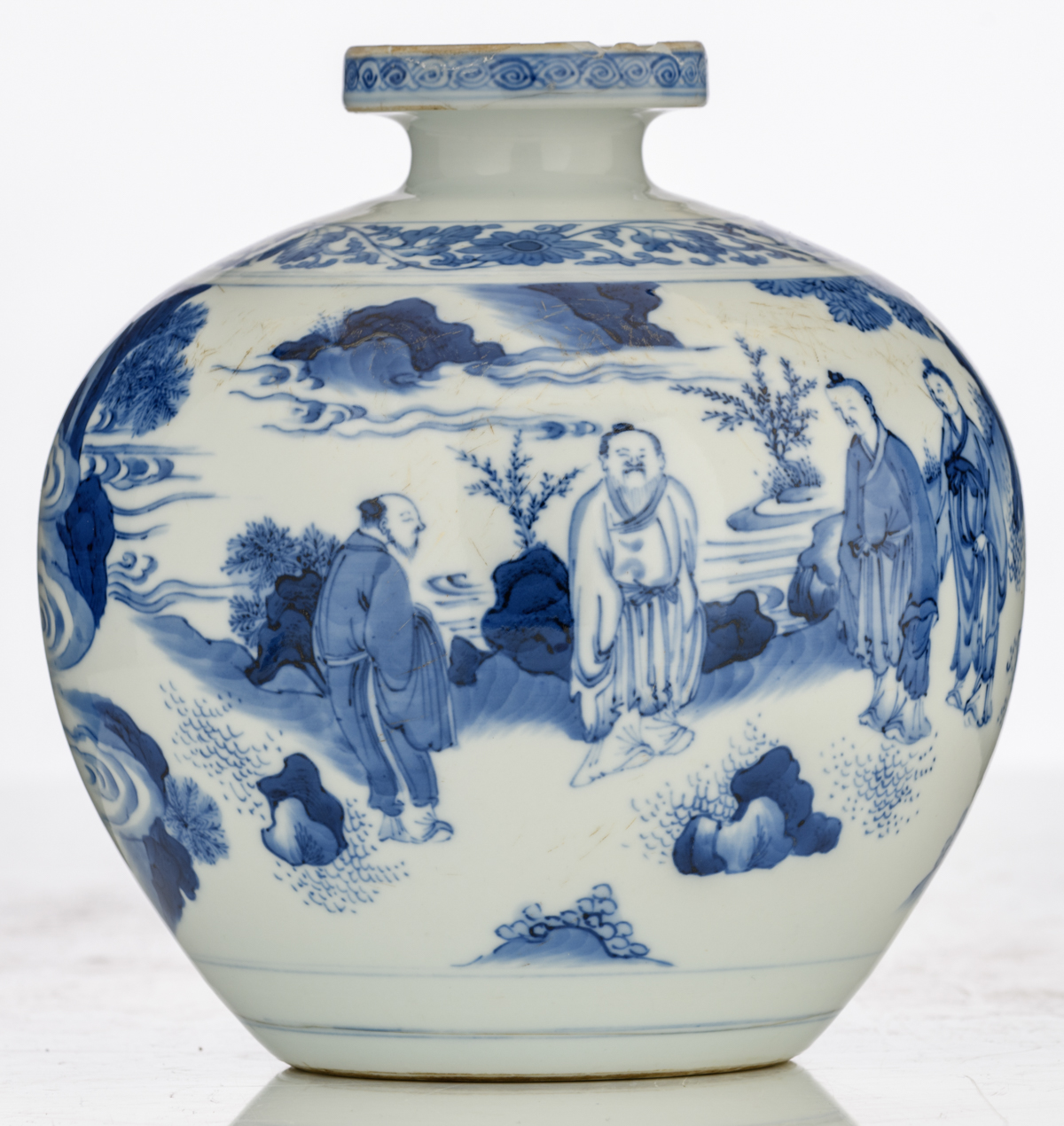 A Chinese blue and white bottle vase, decorated with six Daoist figures in a landscape, H 18 cm - Image 4 of 6