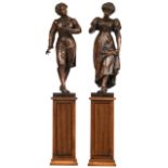 An oak gallant couple on a matching wooden base, early 20thC, H 87 - 147 cm (with base)
