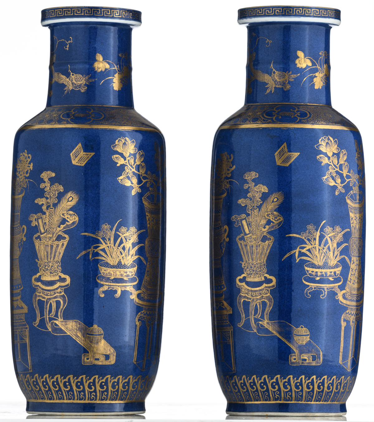 A pair of Chinese bleu poudré vases, gilt decorated with antiquities, flowers, pomegranates and - Image 3 of 6