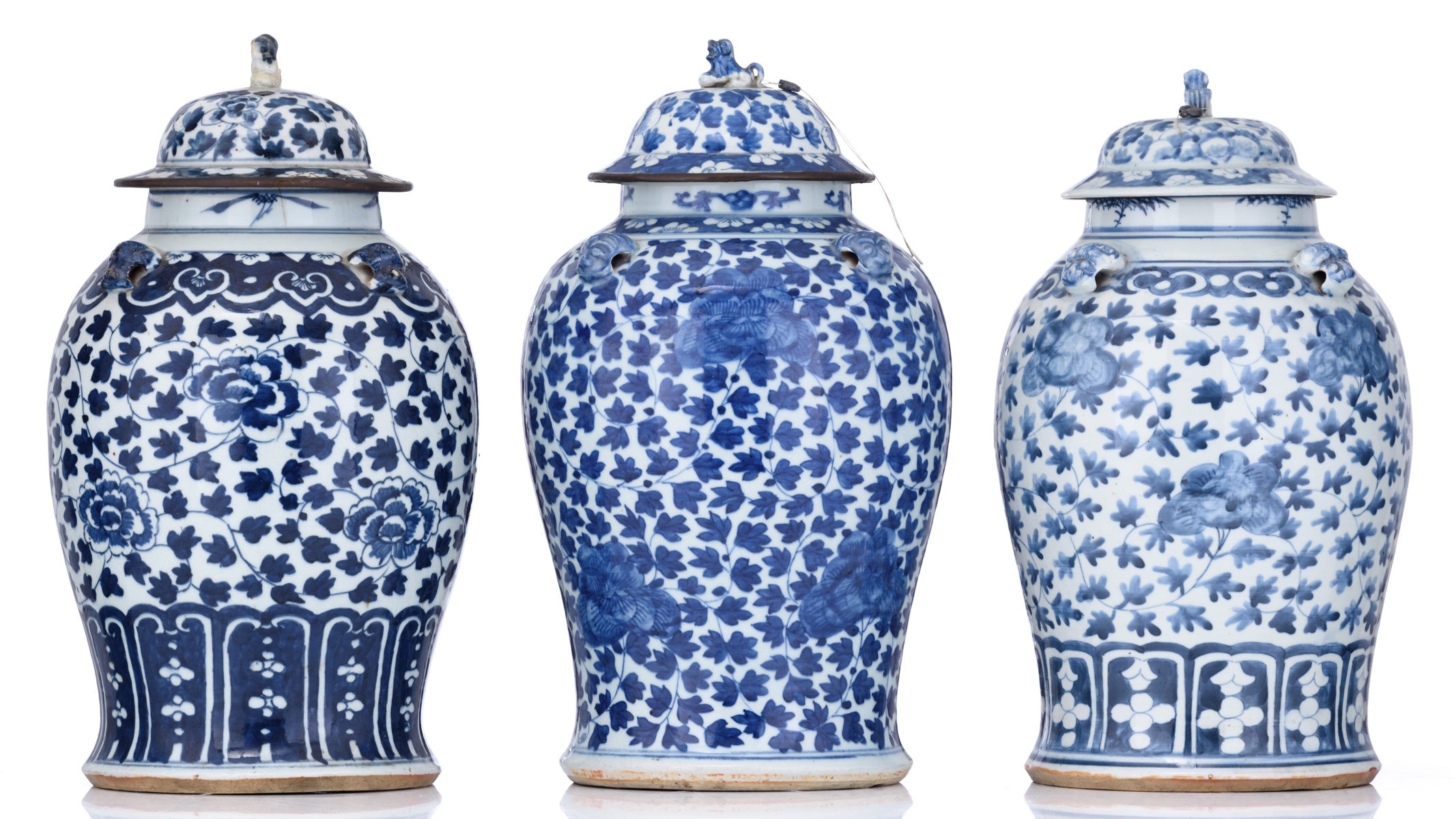 Three Chinese blue and white floral decorated pots and covers, 18th/19thC, H 43,5 - 45 cm - Image 2 of 8