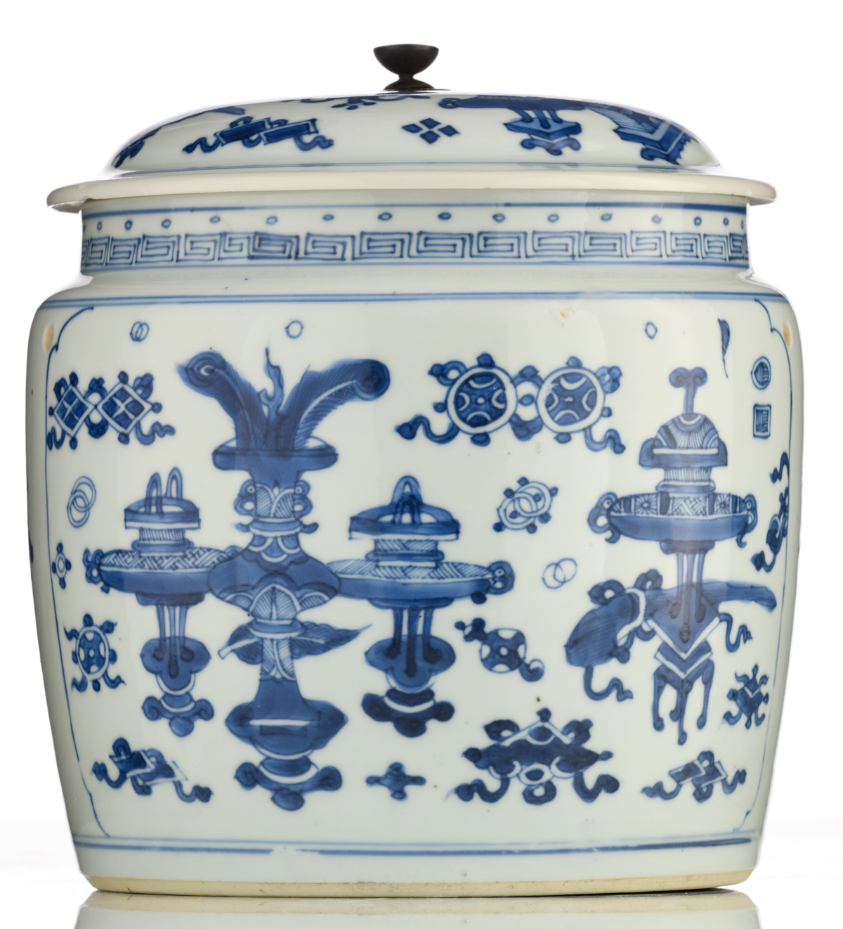A Chinese blue and white porcelain food warmer, decorated with Shou signs, the roundels with the ' - Image 5 of 9