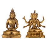 A Sino-Tibetan gilt bronze Buddha and a ditto three headed Tantric deity, H 10 - 10,5 cm