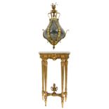 A gilt brass Neoclassical wall light with frost glass, H 90 cm; added a gilt Louis XVI style console