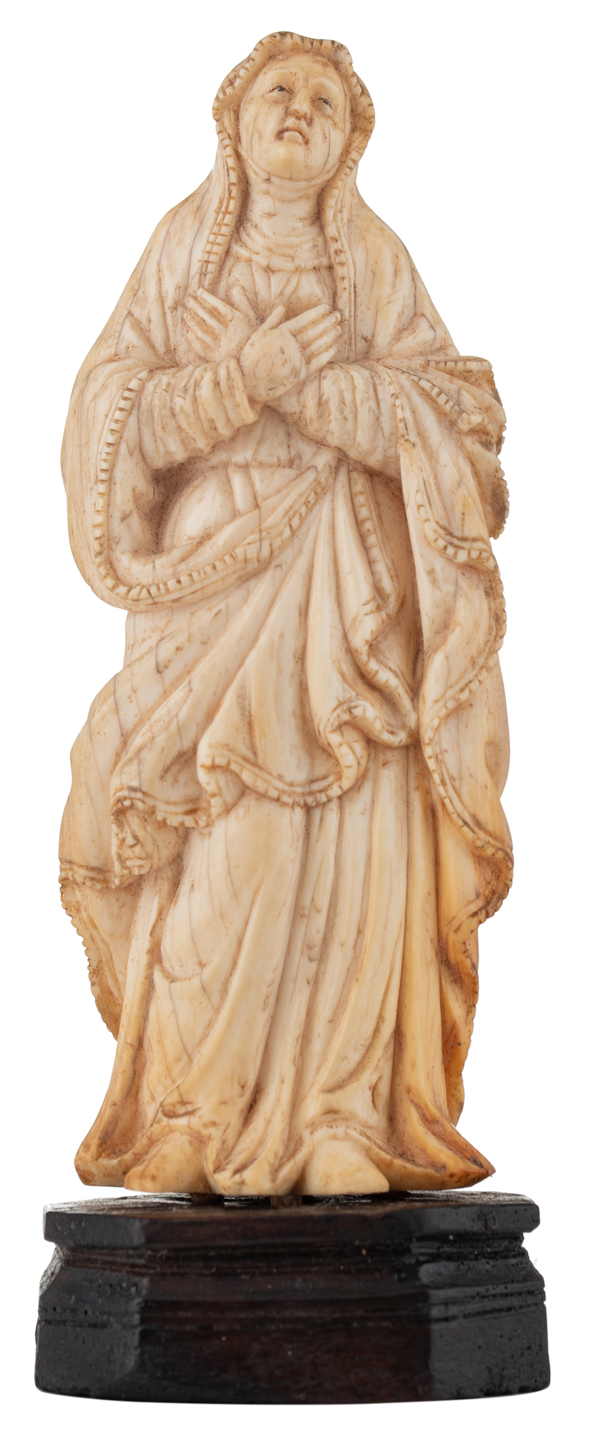 A probably Dieppe ivory sculpture depicting the mourning Holy Mother, 18th/19thC, H 11 - 12,5 cm (