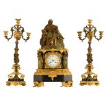 A three-piece Renaissance Revival ormolu mounted mantle clock garniture, with a patinated bronze