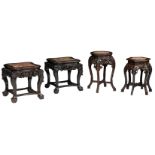 A pair of Chinese rectangular exotic hardwood richly carved stands, with a marble top; added two