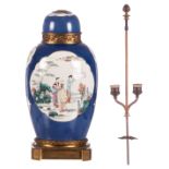 A Chinese bleu poudré ground jar and cover, the roundels famille rose decorated with animated