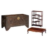 A small Chinese exotic hardwood display cabinet and a ditto low sidetable, added a sandalwood coffer