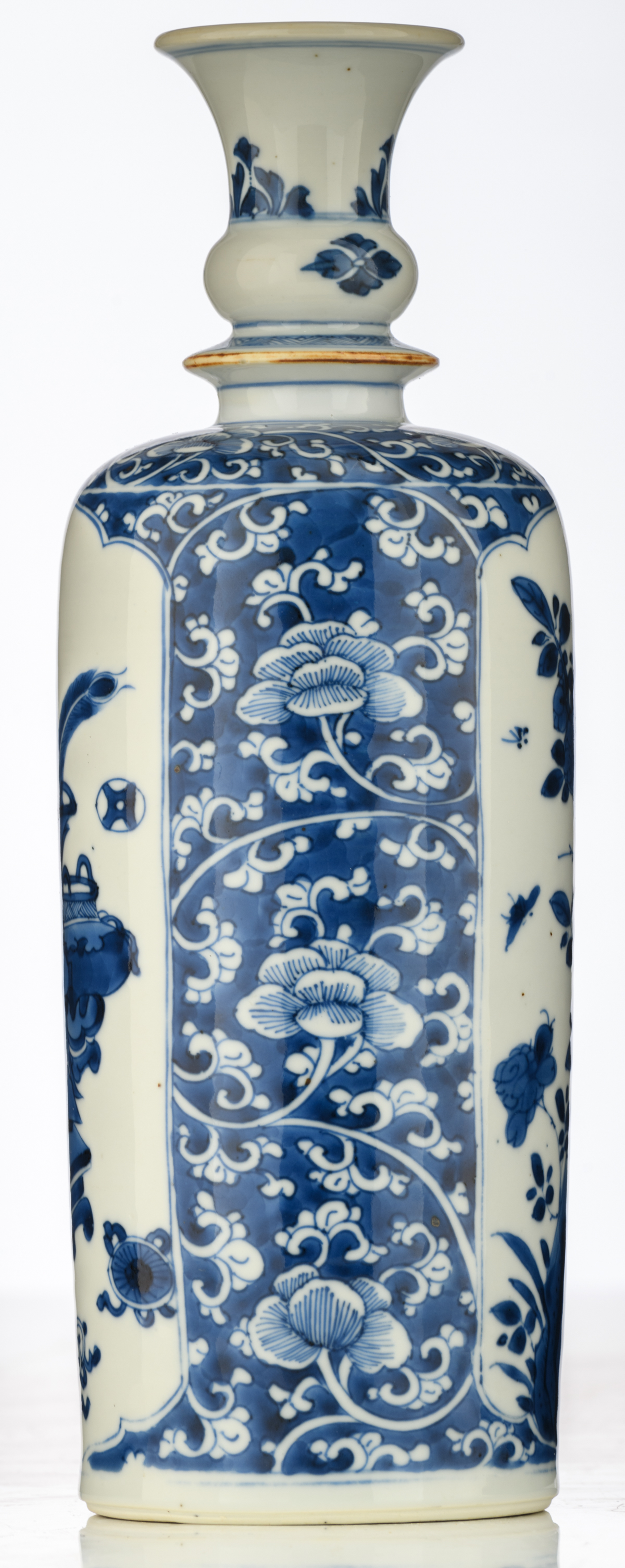 A Chinese blue and white floral decorated porcelain flask, the roundels with antiquities and - Image 2 of 6