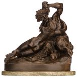 Clodion, satyr and nymph, patinated bronze on a green marble base, H 36 cm