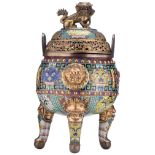 A Chinese tripod bronze cloisonné incense burner, the body decorated with enameled and appliqué gilt