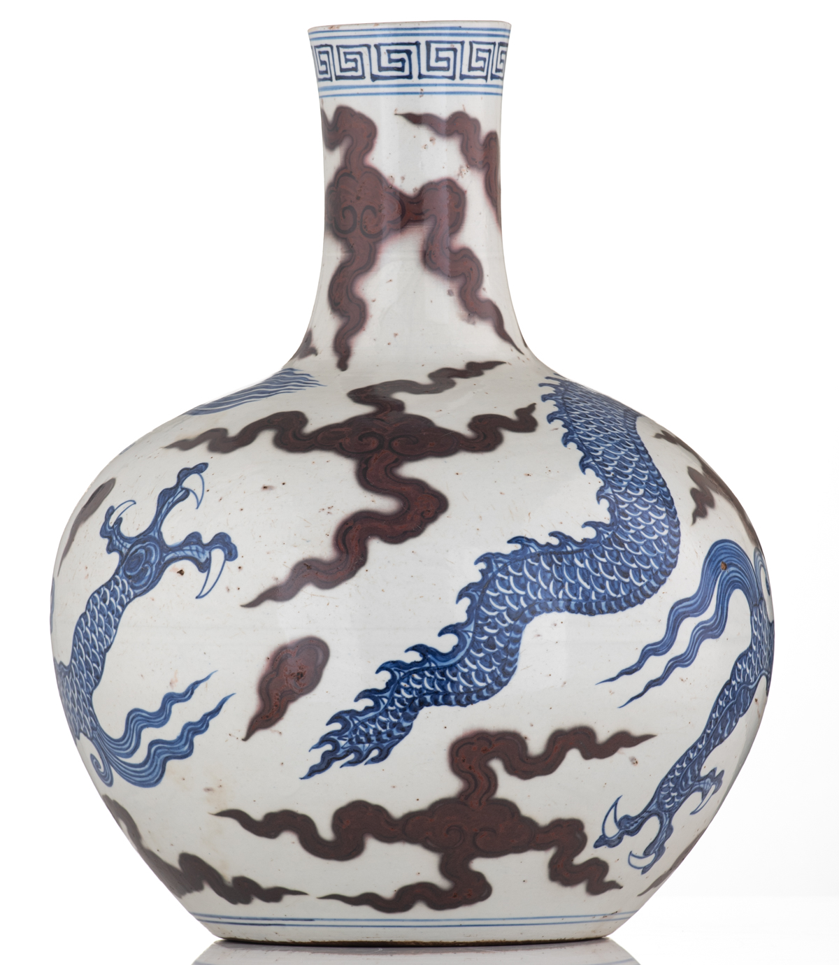 A Chinese cobalt blue and copper red bottle vase, decorated with a dragon amongst clouds, H 41 cm - Image 2 of 6