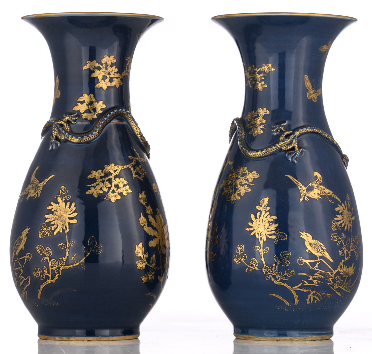 A pair of Chinese 'bleu soufflé' pear shaped vases, gilt and relief decorated with dragons and - Image 3 of 6