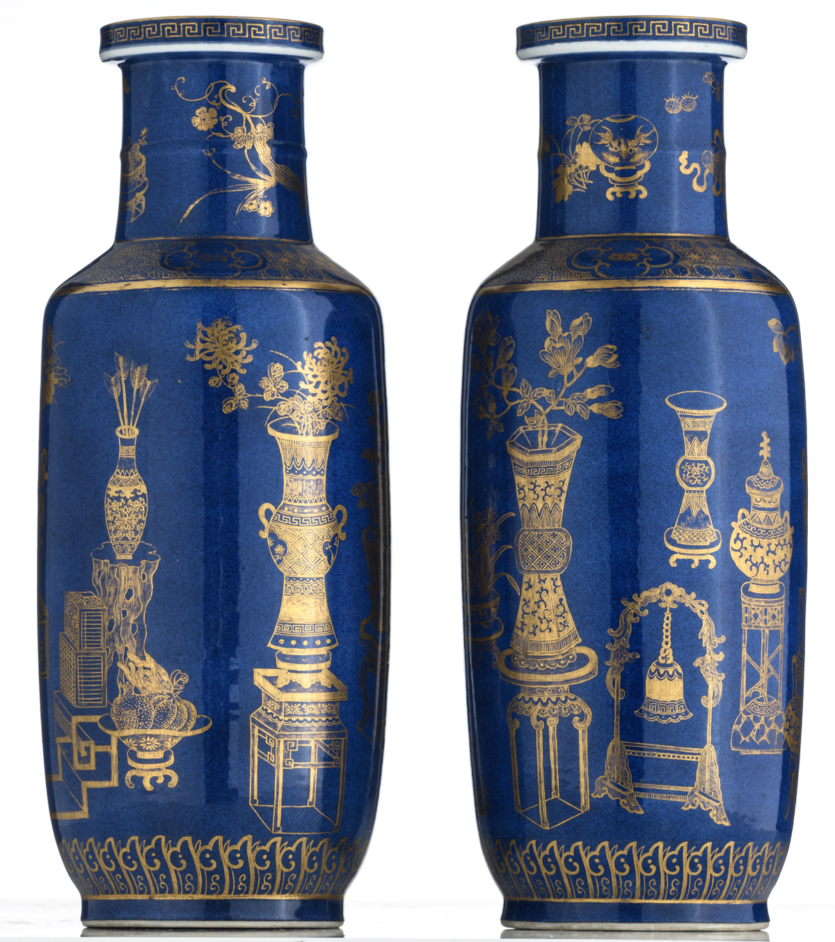 A pair of Chinese bleu poudré vases, gilt decorated with antiquities, flowers, pomegranates and - Image 4 of 6