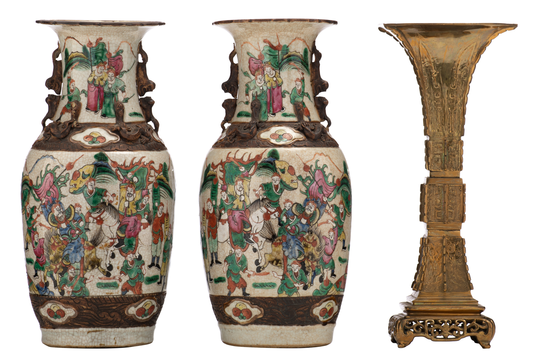 A pair of Chinese famille rose stoneware vases, decorated with warriors, marked; added a Chinese
