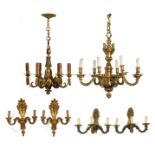A lot of a Neoclasscial gilt bronze chandelier, a ditto Louis XIV style chandelier and two