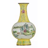 A Chinese yellow ground Canton enamel famille rose bottle vase, decorated with Lao Tse in a