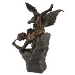 Butensky J.L., a hunter attacked by an eagle, patinated bronze, H 33 cm