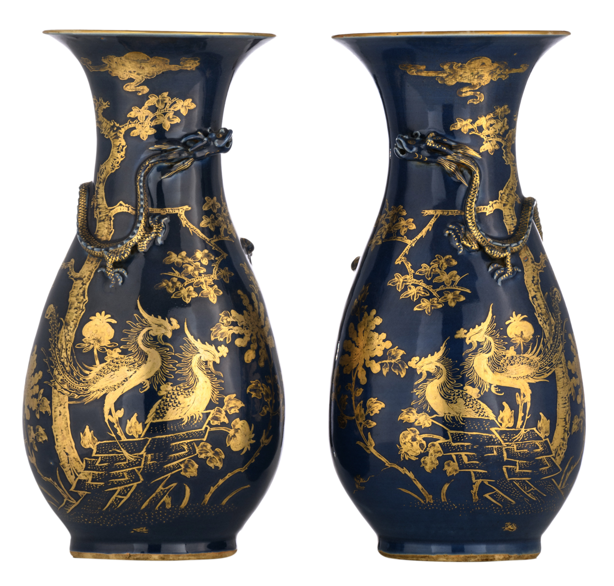 A pair of Chinese 'bleu soufflé' pear shaped vases, gilt and relief decorated with dragons and