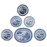 A Chinese oval blue and white Nanking export dish, 18th/19thC; added five plates with a profiled