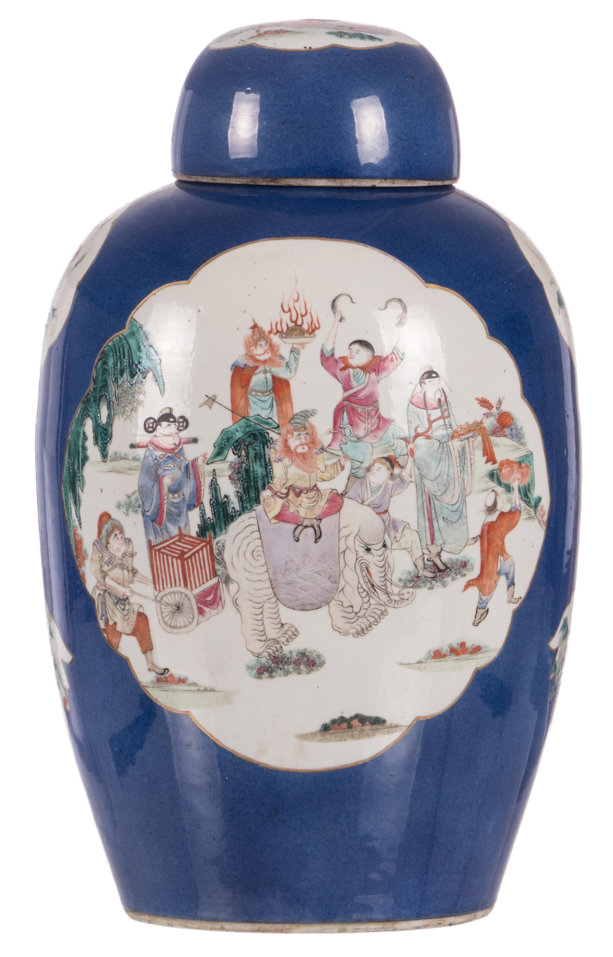 A Chinese bleu poudré ground jar and cover, the roundels famille rose decorated with animated - Image 3 of 11