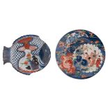 A rare fish shaped Japanese Imari plate; added a Japanese Arita Imari plate, the roundel decorated