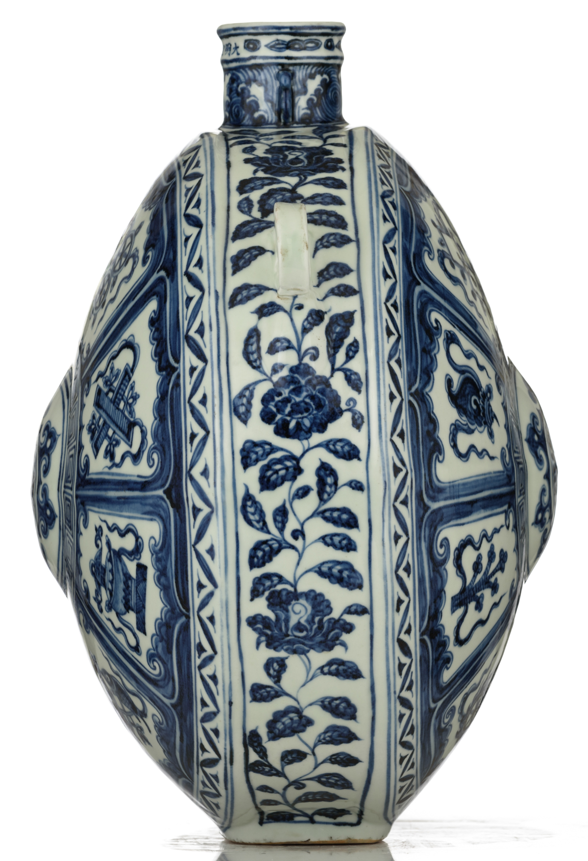 A Chinese moonflask, blue and white decorated with the eight Buddhist symbols, H 36,5 cm - Image 2 of 6