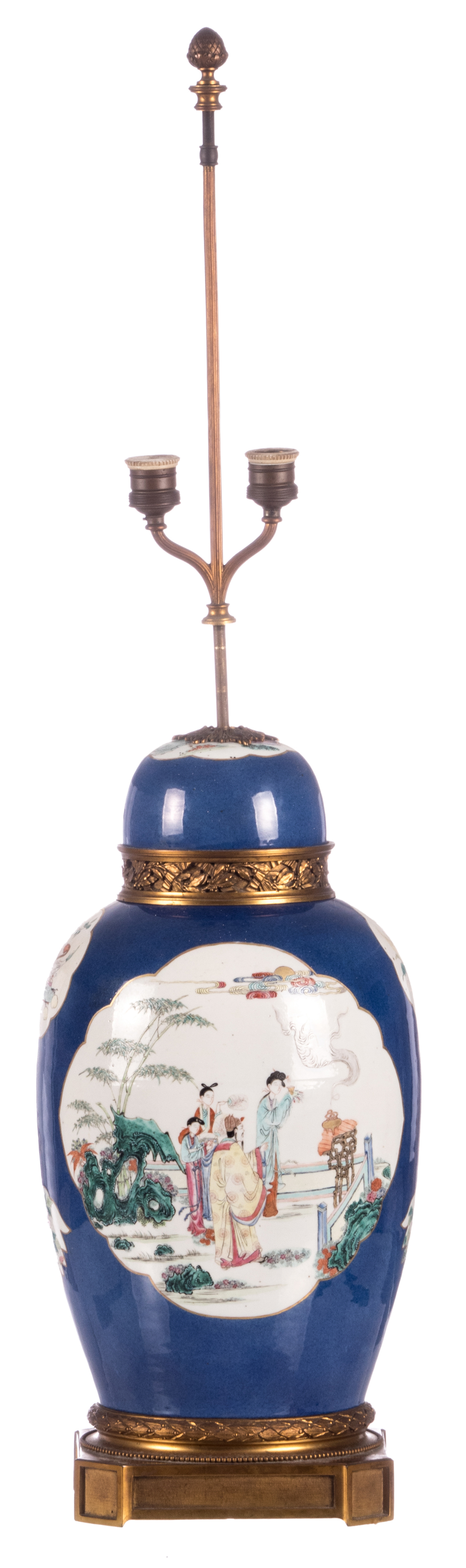 A Chinese bleu poudré ground jar and cover, the roundels famille rose decorated with animated - Image 2 of 11