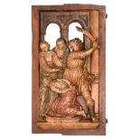 A polychrome wooden fragment of a retable depicting the beheading of Saint John the Baptist,