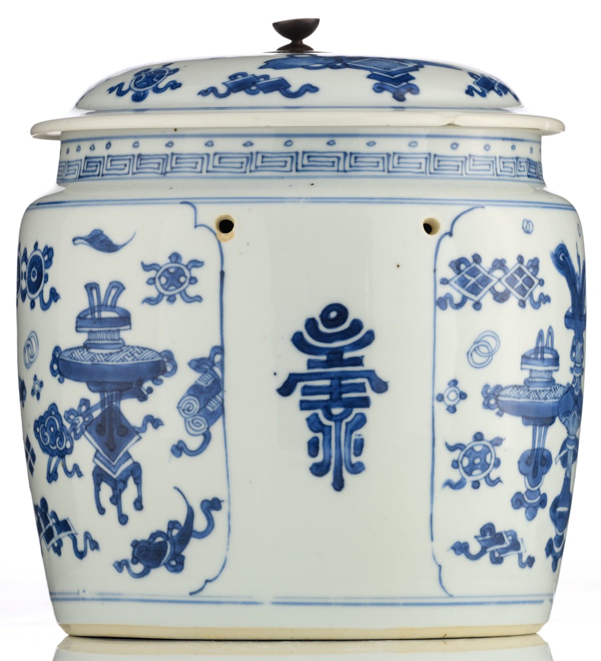 A Chinese blue and white porcelain food warmer, decorated with Shou signs, the roundels with the ' - Image 3 of 9