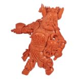 A fine red coral sculpture depicting Zhang Fei, H 17,5 cm, weight: 366g