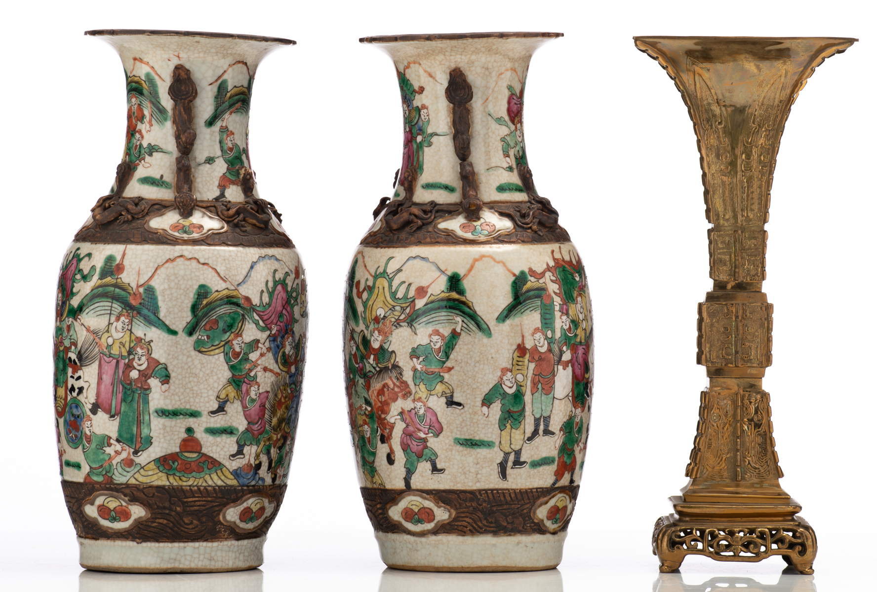 A pair of Chinese famille rose stoneware vases, decorated with warriors, marked; added a Chinese - Image 4 of 6