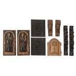 A lot of various wooden architectural fragments, consisting of two Gothic panels depicting
