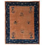 A Chinese rug, wool on cotton, decorated with antiquities and flower baskets, 278 X 345 cm
