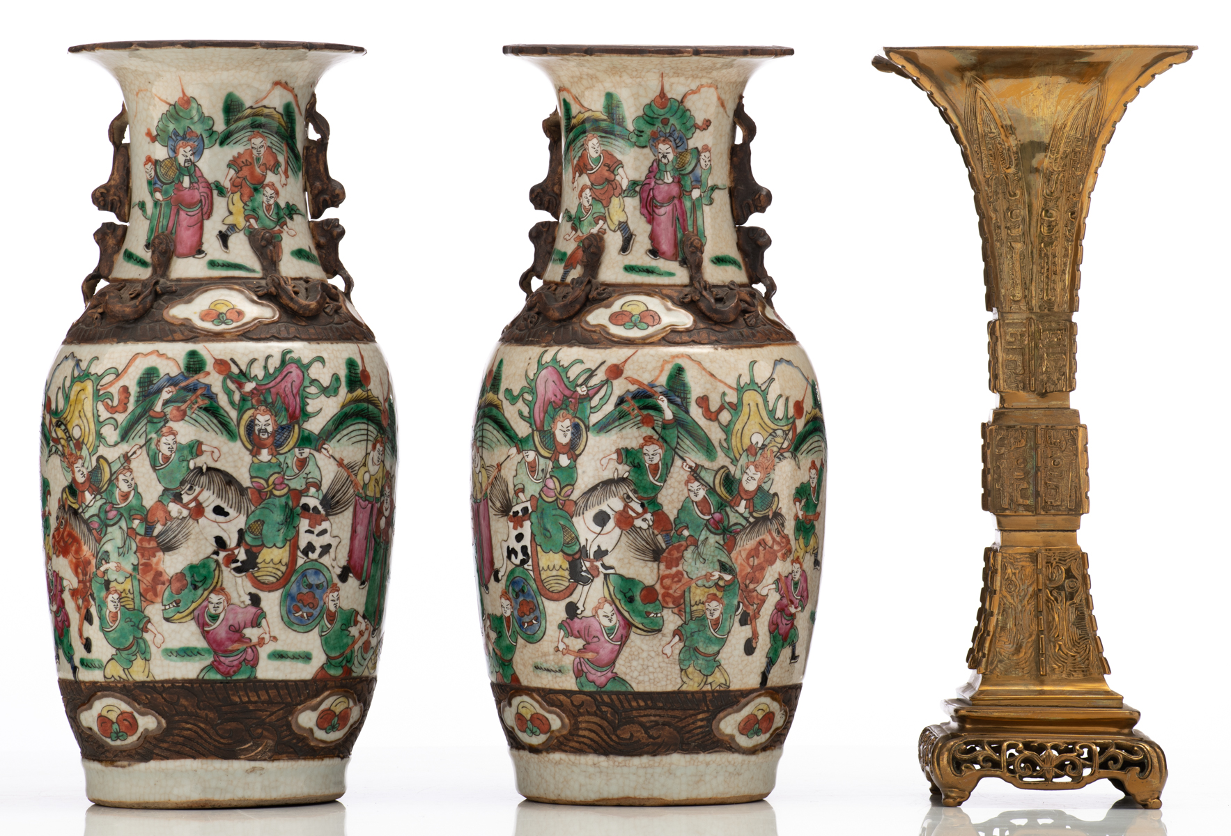 A pair of Chinese famille rose stoneware vases, decorated with warriors, marked; added a Chinese - Image 3 of 6
