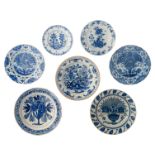 A lot of 7 various blue and white Delftware plates, all items with chinoiserie or European