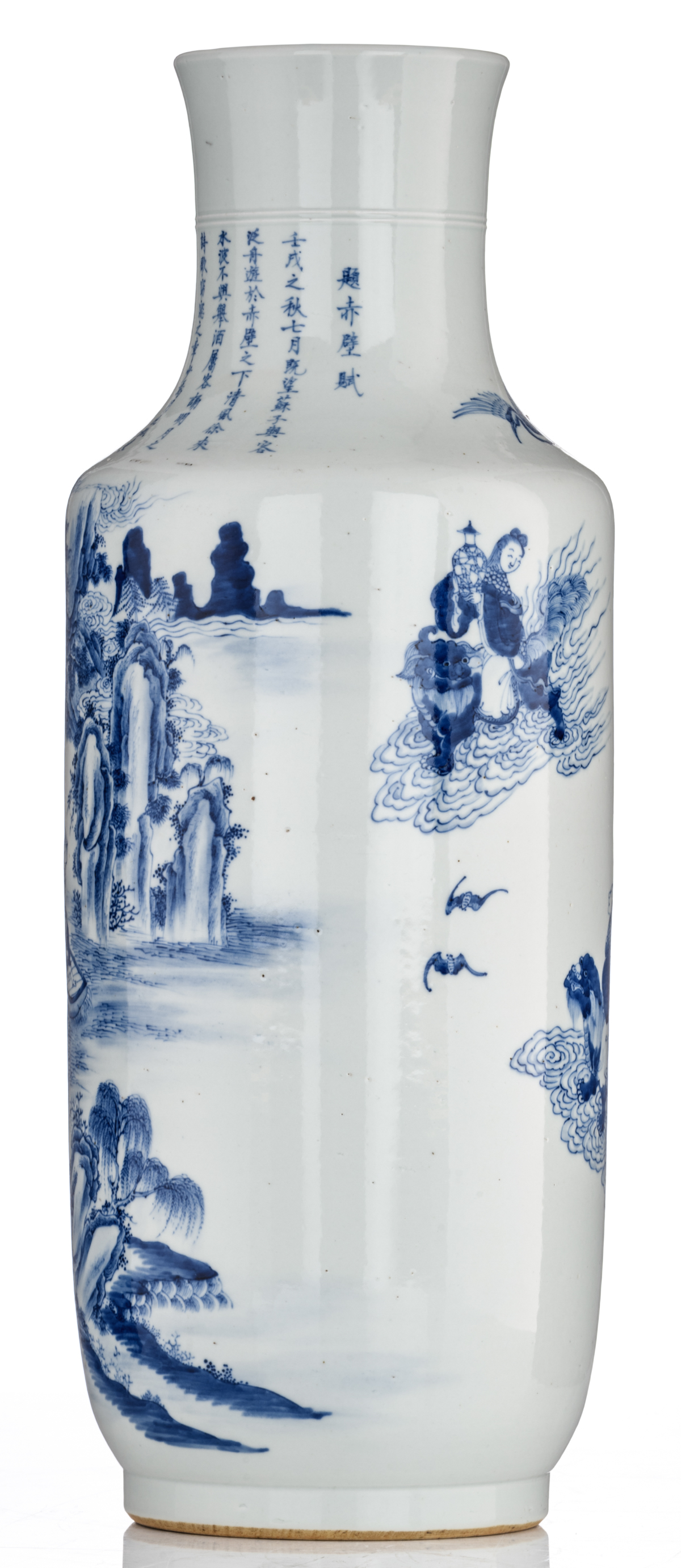 A Chinese blue and white rouleau vase, the decoration depicting figures on a boat gliding through - Image 2 of 6