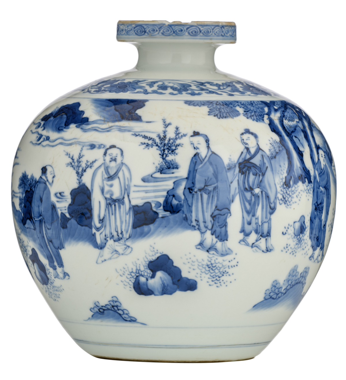 A Chinese blue and white bottle vase, decorated with six Daoist figures in a landscape, H 18 cm